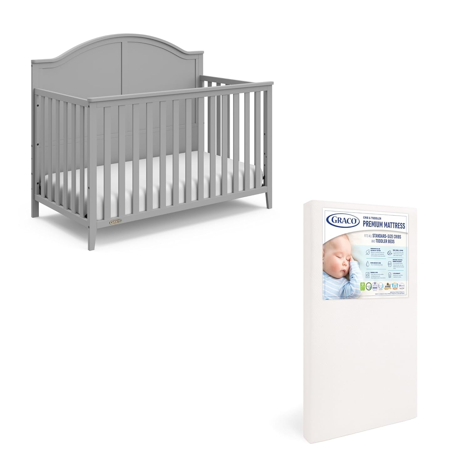 Graco Wilfred Crib and Mattress Nursery Essentials Pack (Pebble Gray) – GREENGUARD Gold Certified Baby Crib & Crib Mattress, Cribs with Mattress Included, Convertible Crib, Baby Mattresses for Crib