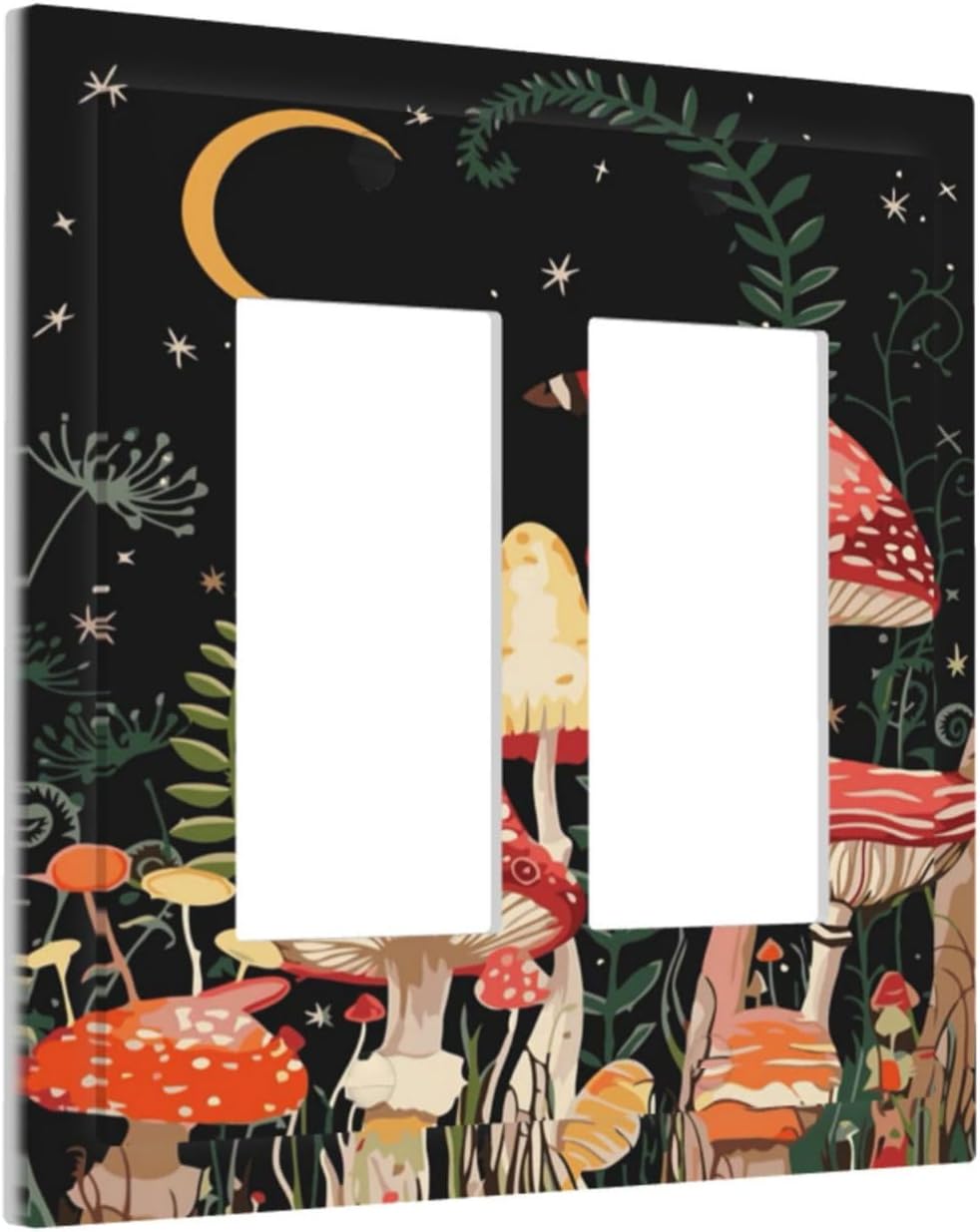 Moon Star Red Mushroom Forest Butterfly Green Plant Decorative Outlet Covers 2 Gang Double GFCI Rocker Electrical Wall Panels Light Switch Cover Plate for Kids Room Home Decor
