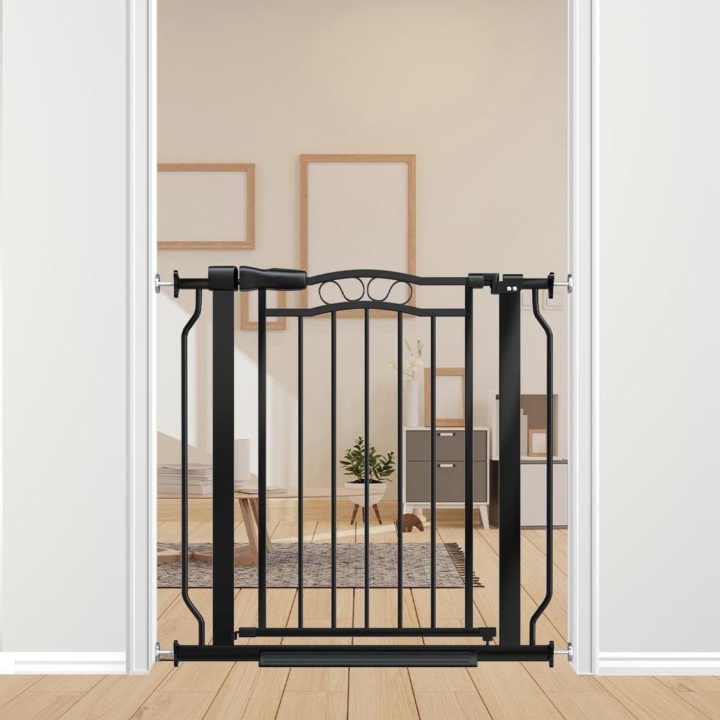 30" Tall Narrow Baby Gate for Doorways No Drill 29.5-33.8" Wide, Auto Close Press Mounted Baby Gate Indoor for Kids, Walk Through Pet Gates for Stairs, Black