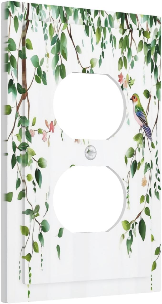 Outlet Covers Green Leaves Bird Eucalyptus Sage Plant 1 Gang Duplex Light Switch Cover Decorative Switch Plates Electrical Receptacle Faceplate Wall Plate For Bed Room Living Room