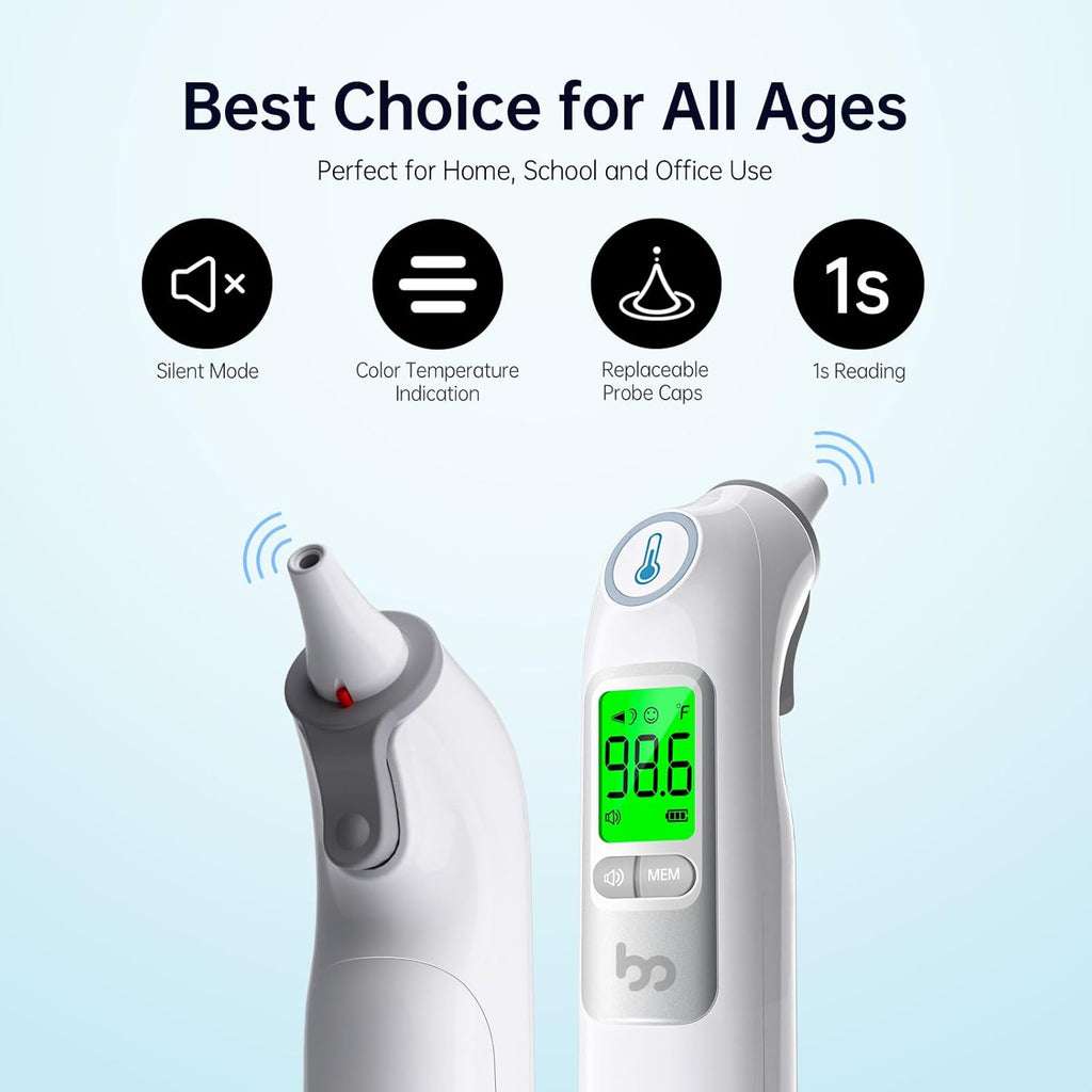 Ear Thermometer, Highly Accurate Ear Thermometer for Kids, Adults and Babies, 30 Memory Recall, 1s Result and 3-Color Fever Alert, with 24 Disposable Probe Covers, Gray