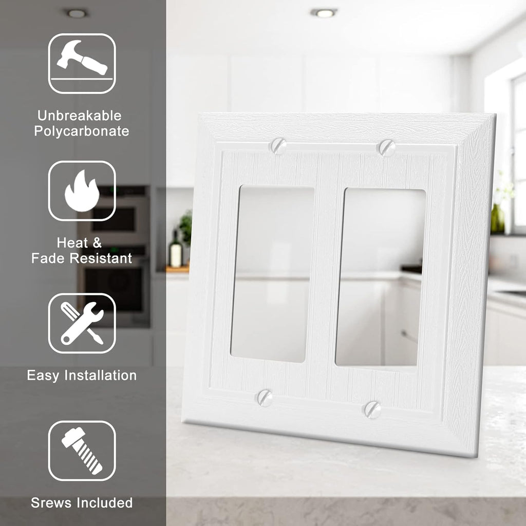 Modern Decorative Wall Plate Switch Plate Outlet Cover, Vintage Retro Wood Grain Design (Double Decorator-10 Pack, White)