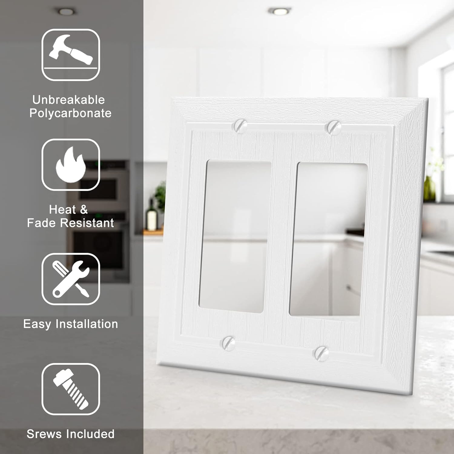 Modern Decorative Wall Plate Switch Plate Outlet Cover, Vintage Retro Wood Grain Design (Double Decorator-4 Pack, White)