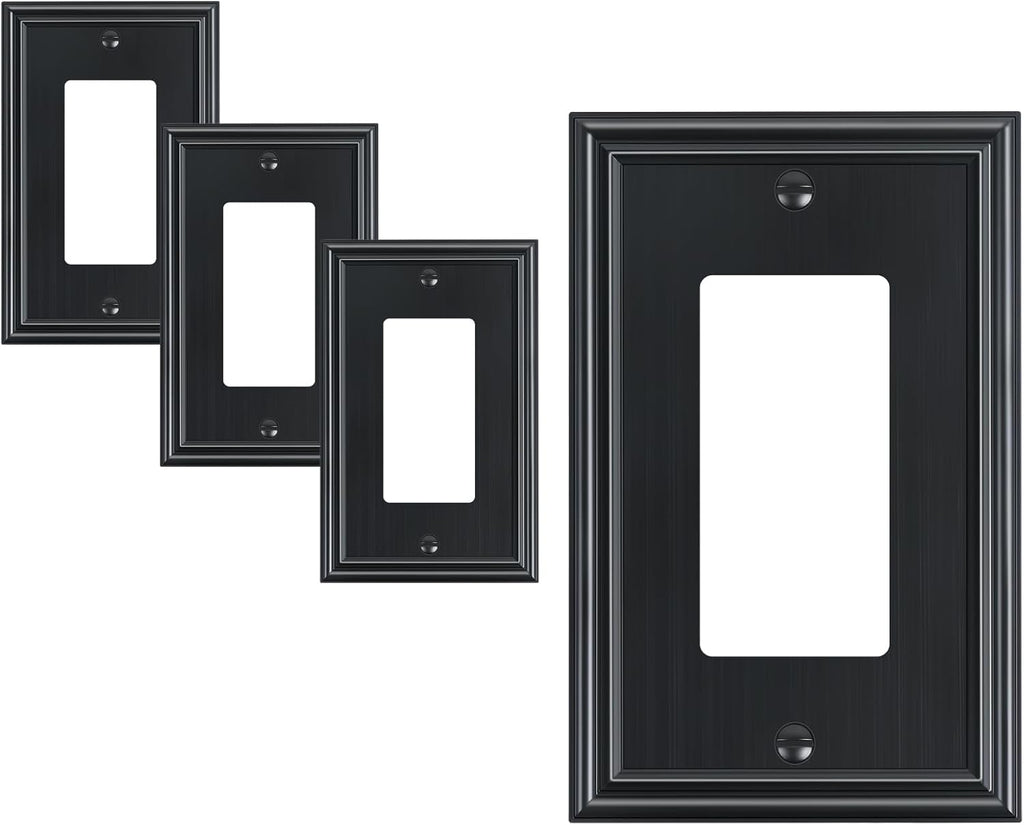 TREWELL 4-Pack Black Decorative Switch Plates and Outlet Covers, Durable Zinc Alloy, Compatible with Decorator Outlet Receptacle, Rocker Switch, Dimmer Switch, GFCI Outlets, Size 3.15''W x 4.92''H