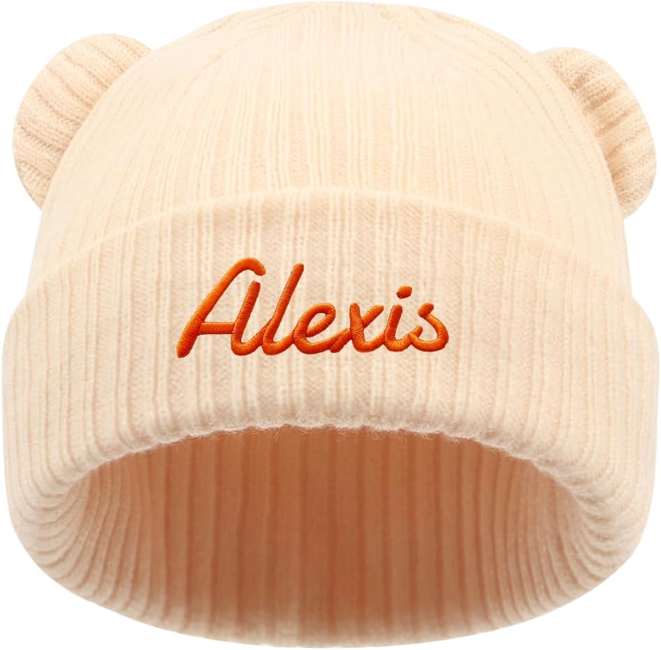 Personalized Baby Beanies Hats, Custom Embroidered Name Knitted Toddler Winter Bear Ear Hat