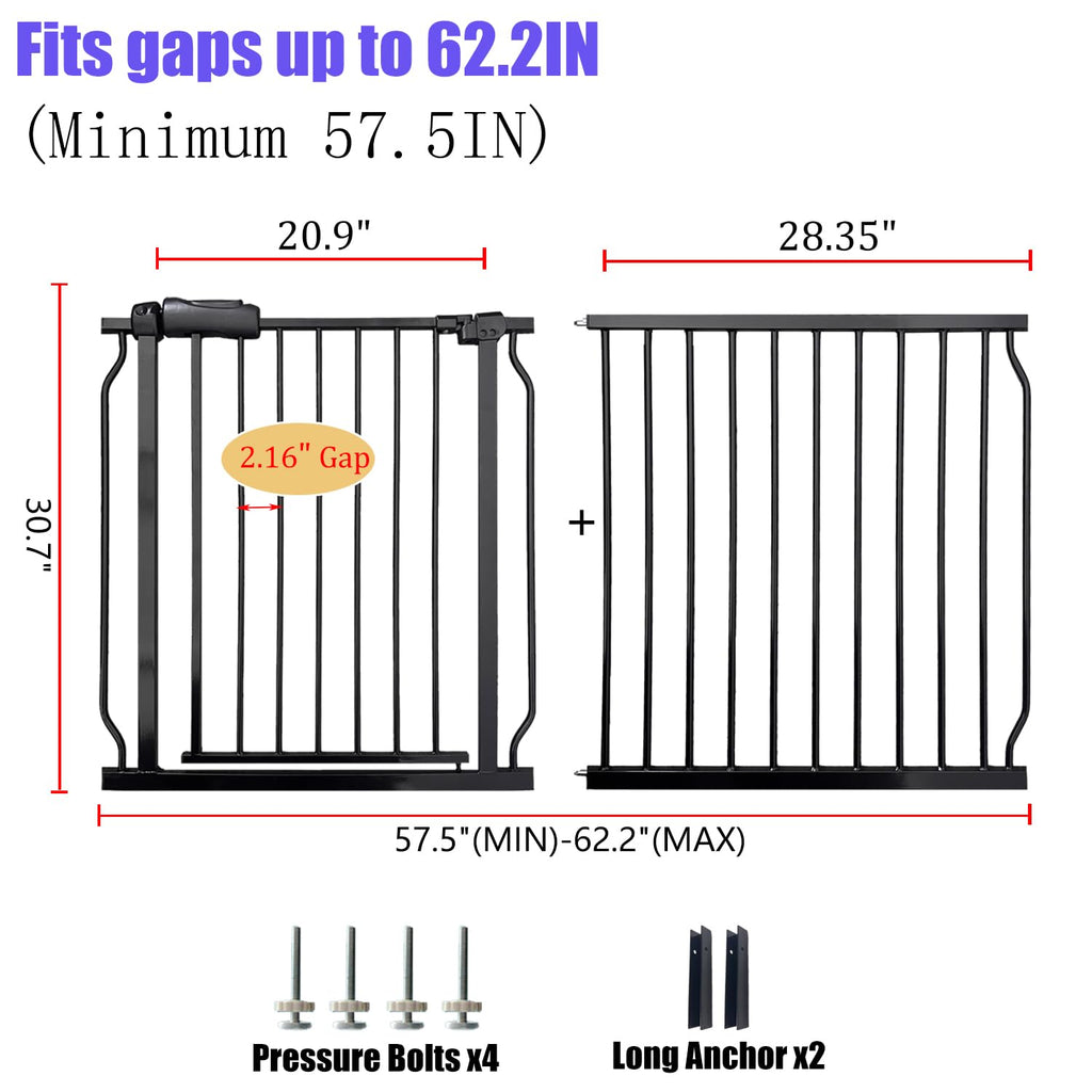 Extra Wide 57.5-62 Inch Large Baby Gates for Stairs, Doorways - No Drilling, Pressure Mounted Pet Gates for Kids & Dogs