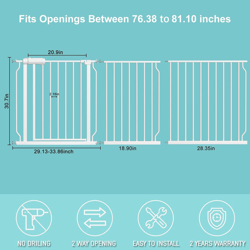 WAOWAO Baby Gate 76.38-81.07" Extra Wide Pressure Mounted Walk Through Swing Auto Close Safety White Metal Toddler Kids Child Dog Pet Puppy for Stairs,Doorways,Kitchen