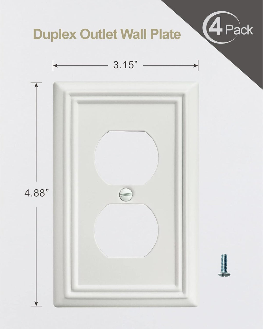 4-Pack Duplex Outlet Cover, Metal Wall Plate for Electrical Outlet, Light Switch, Decorative Off White Face Plate, 3.15 * 4.88, Midsize