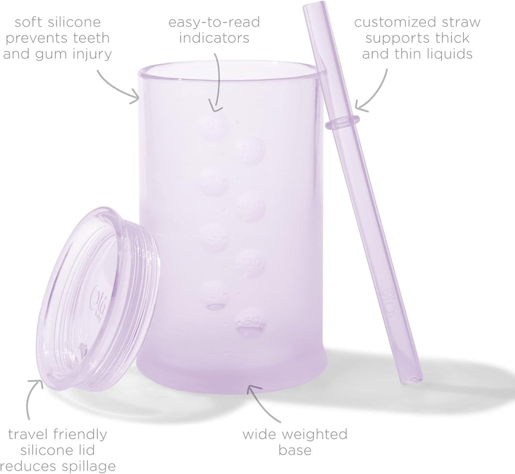 Olababy Clear View Silicone Training Cup with Straw Lid | Toddler Sippy Trainer 12mo+ | Unbreakable Water Drinking Cups for Kids 2yr+ | Baby Led Weaning & Feeding Supplies (Lilac, 9 oz)