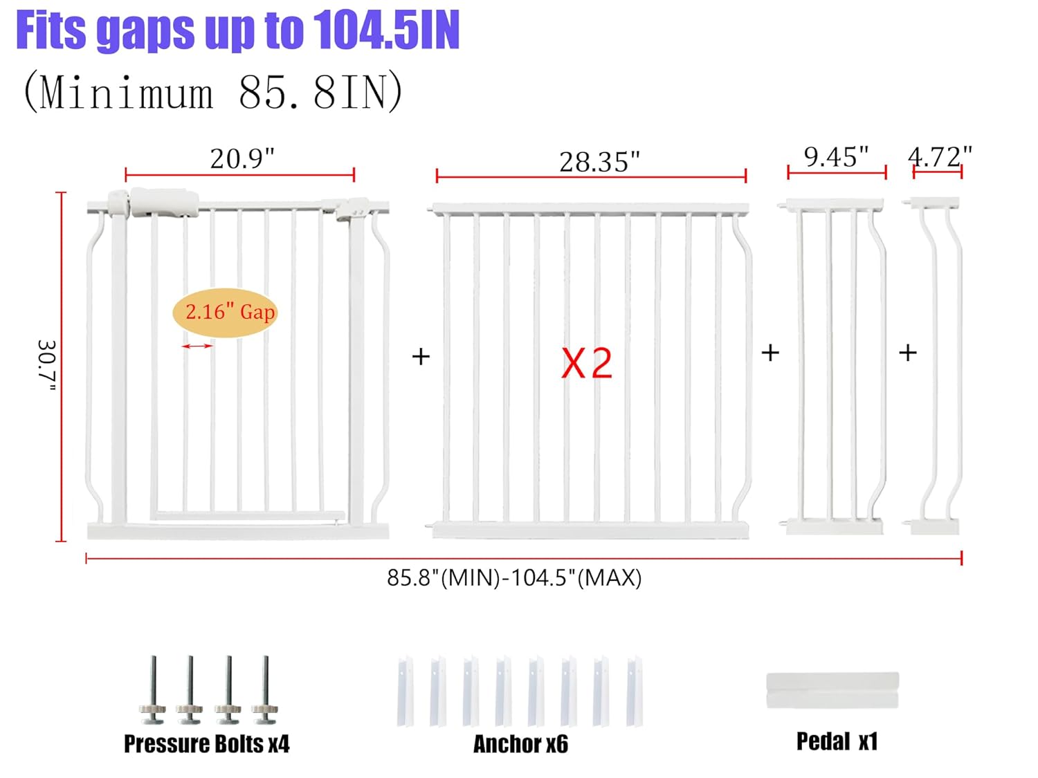 Extra Wide Baby Gate 85.8-104.5 Inch, Pressure Mounted No Drilling, for Stairs & Doorways, Metal White Indoor Safety Gate for Kids and Dogs