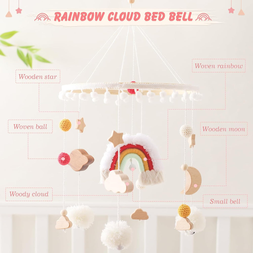 Baby Crib Mobile for Boys Girls Rainbow Nursery Mobile Gender Neutral Hand-Crocheted Mobile Ceiling Mobile - Rainbow, Clouds, Moon