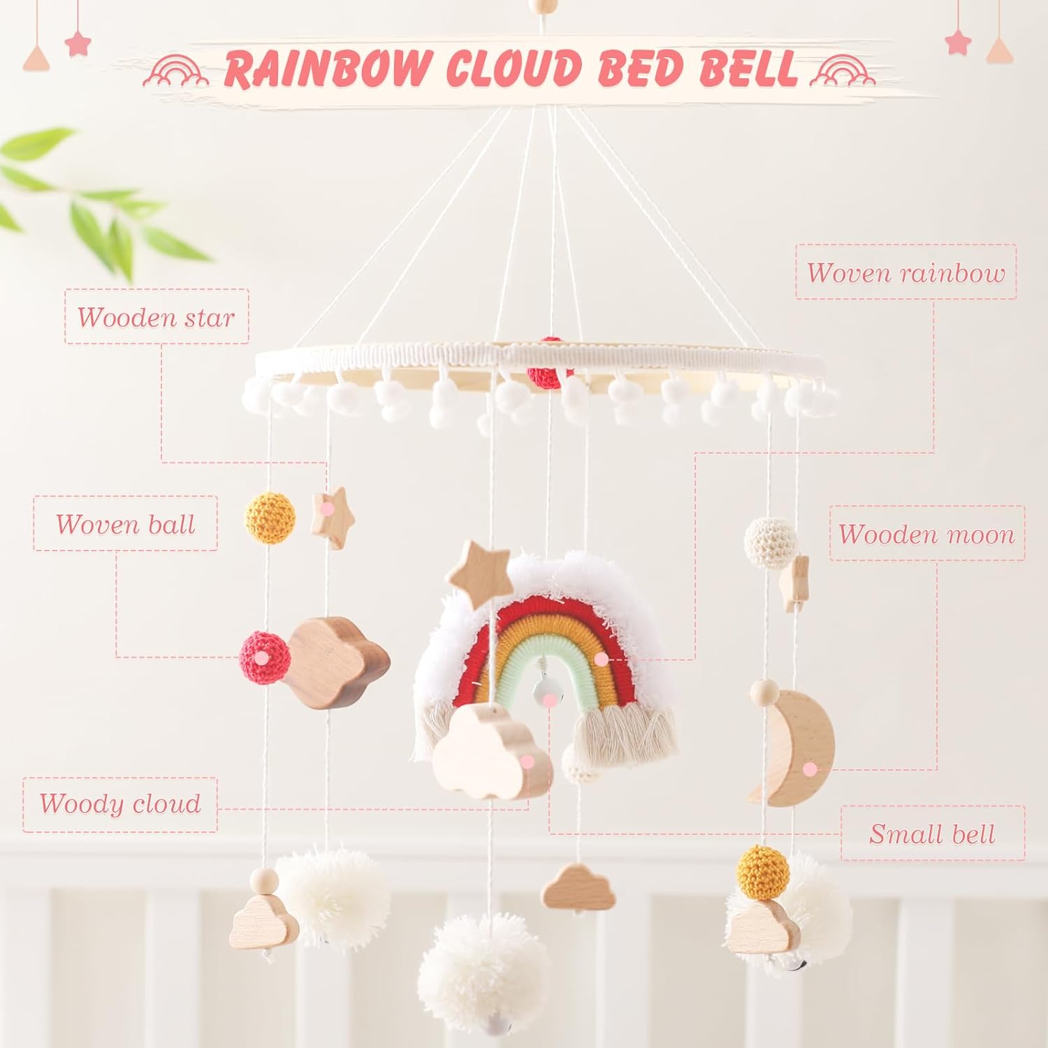 Baby Crib Mobile for Boys Girls Rainbow Nursery Mobile Gender Neutral Hand-Crocheted Mobile Ceiling Mobile - Rainbow, Clouds, Moon