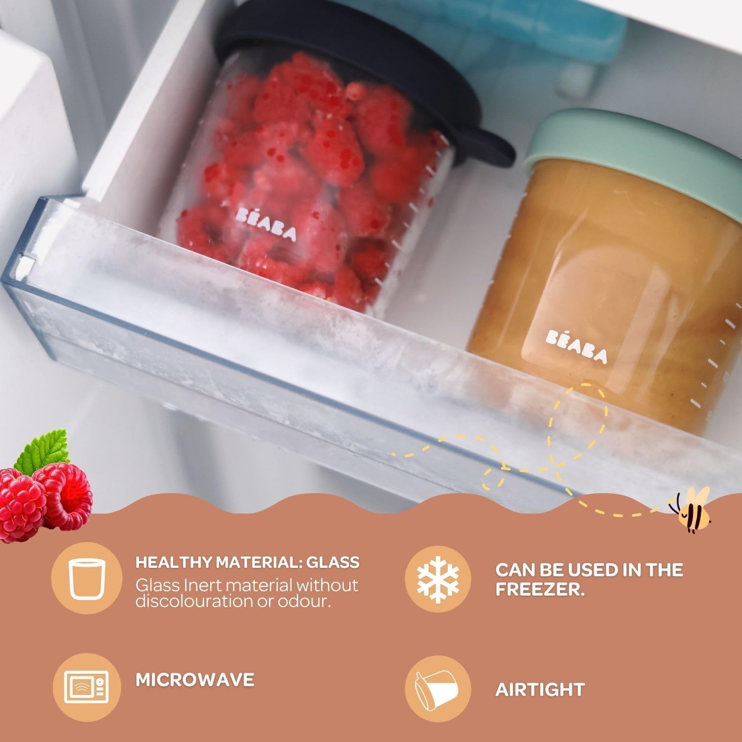 BEABA 4 Pack Glass Baby Food Jars with Soft Silicone Air Tight Lids, 8 oz Glass Storage Containers with Lids, Microwave and Freezer Safe Containers, Sunrise