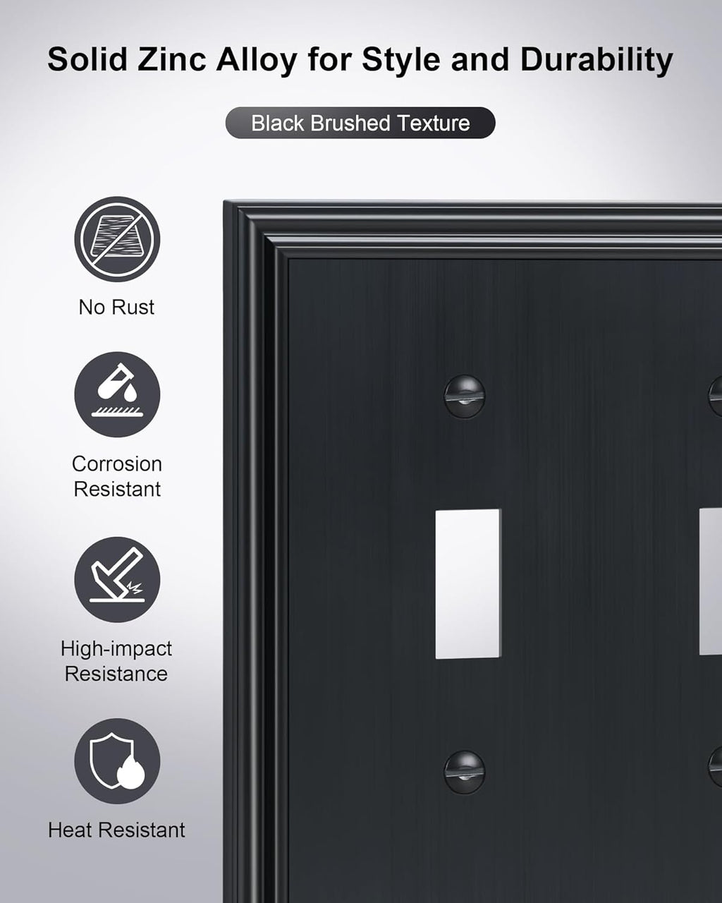 2-Pack Double Toggle Light Switch Cover Plate, Durable Solid Zinc Alloy Decorative Dual Switch Plate Covers, Black 2 Gang Wall Plate, Corrosion Resistant
