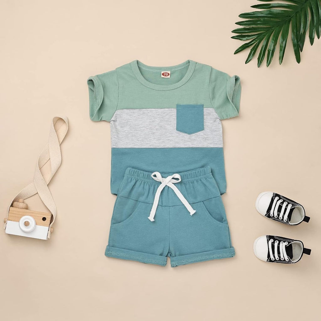Baby Boy Clothes Toddler Boy Summer Outfits Short Sleeve Patchwork Top T-shirt & Pocket Pant Set 2 Piece 12 Months-4T