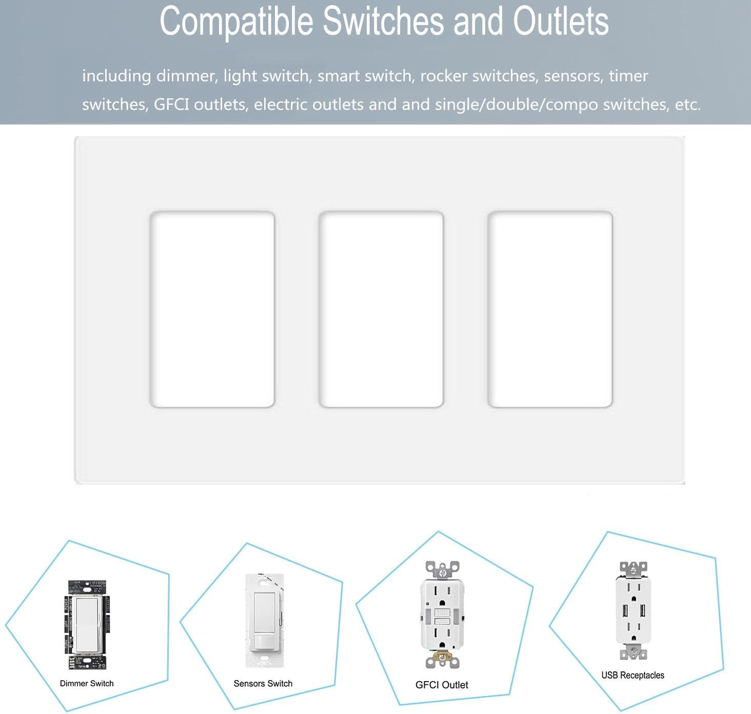 3-Gang Screwless Decorator Wall Plate Cover Switch Outlet Electrical Faceplate for Light Switche, Smart Switch, Receptacle, Dimmers, USB Outlet, GFCI, Child Safe Cover Plate, White (2-Pack)