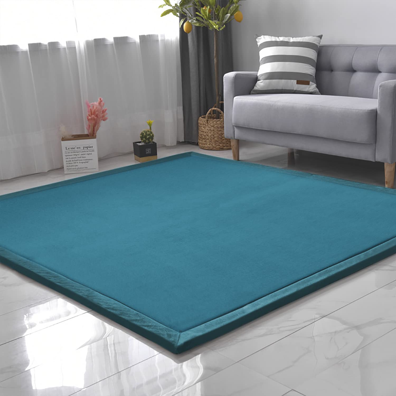 Loartee Nursery Rug Coral Velvet Crawling Rugs Mat Area Rugs Play Crawling Mat(6'8"x9'2", Blue) for Toddler Children Play Mat Yoga Mat Exercise Pads Carpet