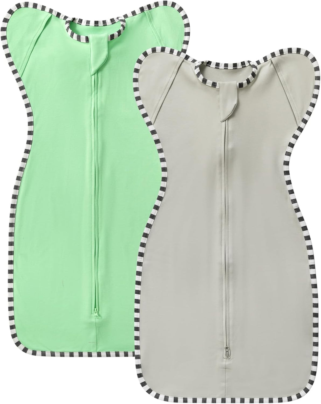 Transition Swaddle, 2 Pack 100% Cotton Baby Sleep Sack, 2-Way Zipper Infant Arm Up Swaddle for Newborn Baby Boys Girls (Green + Grey, L(6-9 Months))