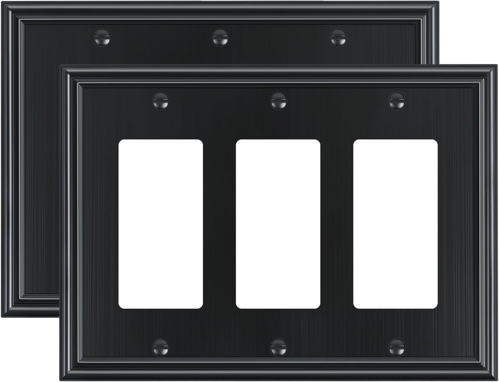 2-Pack Decorative Tripple Decorator Outlet Cover Plate, Durable Zinc Alloy Black Wall Plates for Electrical Outlets, Receptacle, GFCI Outlet, Dimmer Switch, 3-Gang, Corrosion Resistant