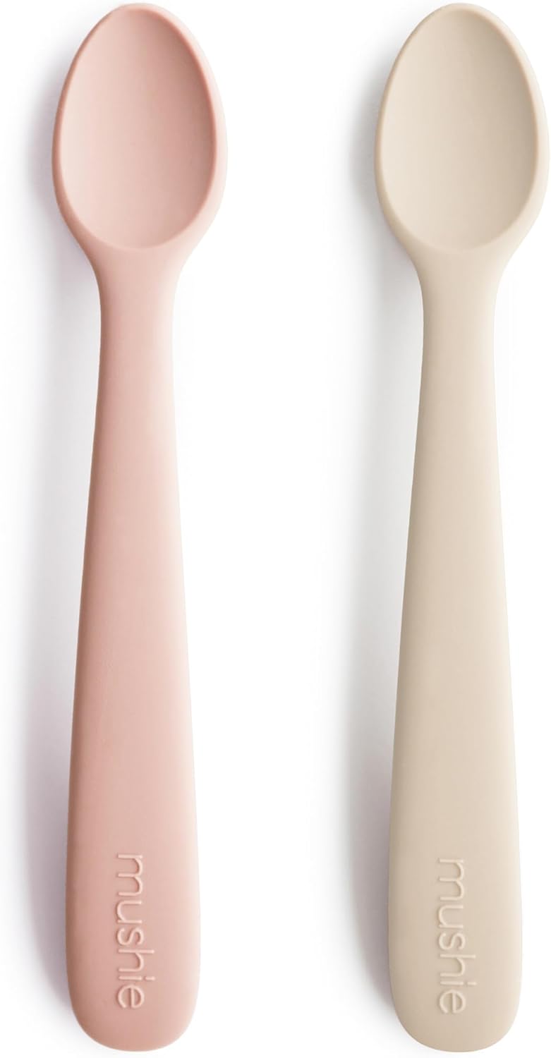 mushie Silicone Baby Feeding Spoons | 2 Pack (Blush/Shifting Sand)