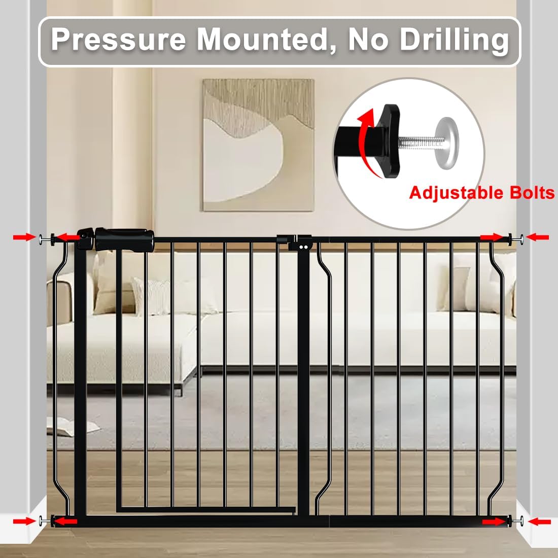 Fairy Baby Extra Wide Baby Gate 71.6-76.3 Inch Wide, Walk Through Pressure Mounted No Drill, Long and Large Tension Gate for Pet and Kids, Black