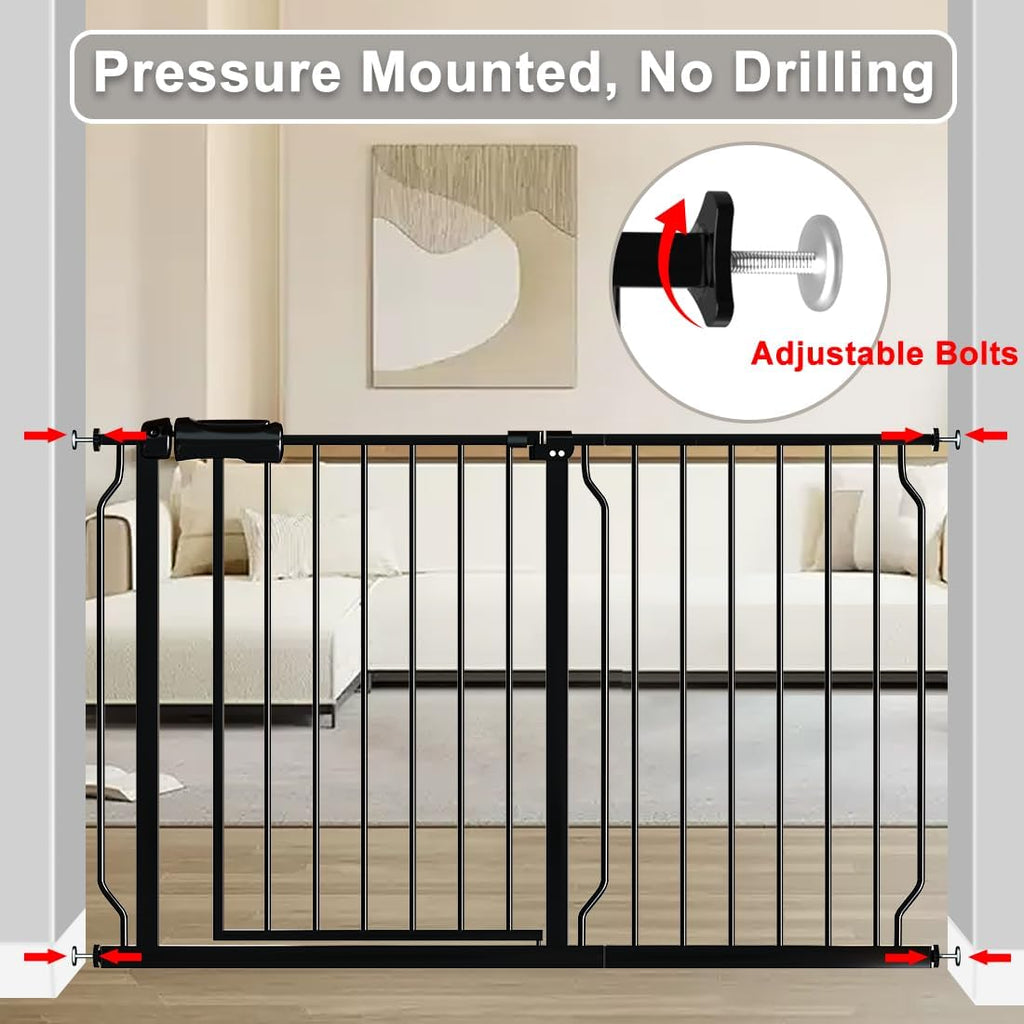 Fairy Baby Walk Through Baby Gate 43.5-48 Inch Wide, Pressure Mounted Safety Gate with Door No Drill, Black Tension Metal Gate for Dog and Toddler