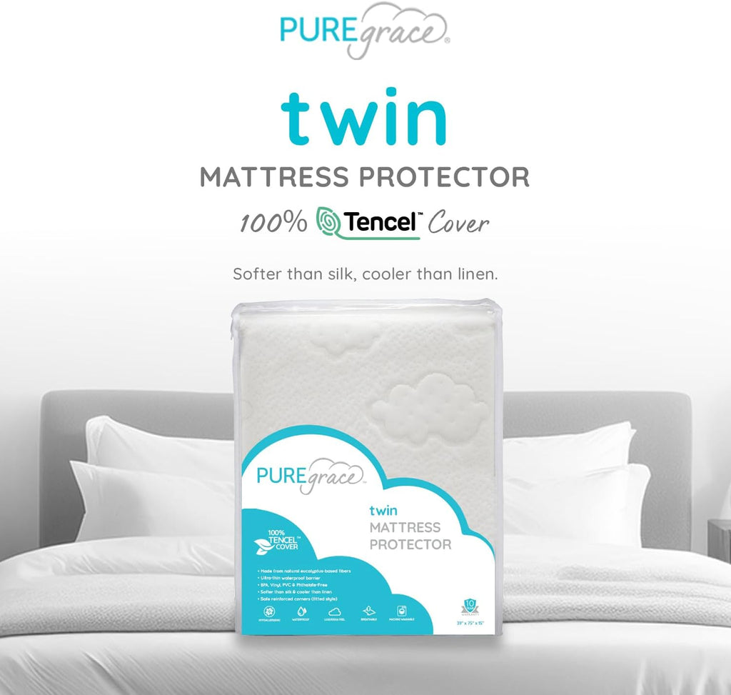 PUREgrace Tencel Mattress Protector (Twin) – Waterproof, Noiseless Cover for Potty Training, Breathable and Soft with Deep-Pocketed Corners for Secure Fit