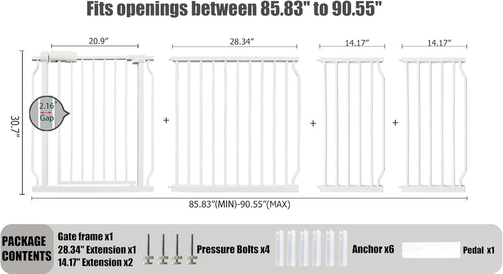 Heavy Duty Baby & Dog Safety Gate, Extra Wide 85.8-90.5 Inch,White Metal, Tension Mounted No Drilling Pet Gate for Large Openings