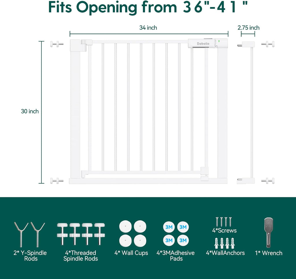 BABELIO Baby Gate for Doorways and Stairs, 36-41" Pet Gate with Wide Walk Thru Door and Lock Indicator, No Drill Pressure Mounted Safety Gate with Double Lock and Self-Closing, White