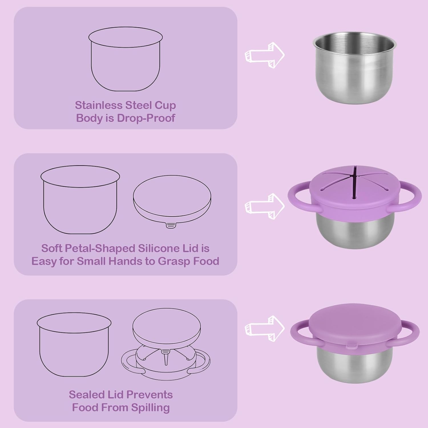 2 Pack Snack Cups for Toddlers Spill Proof - Detachable Stainless Steel Toddler Snack Cups with Silicone Lids & Handles - Dishwasher Safe Baby Snack Containers for Mess-Free Snacking (Red and Purple)