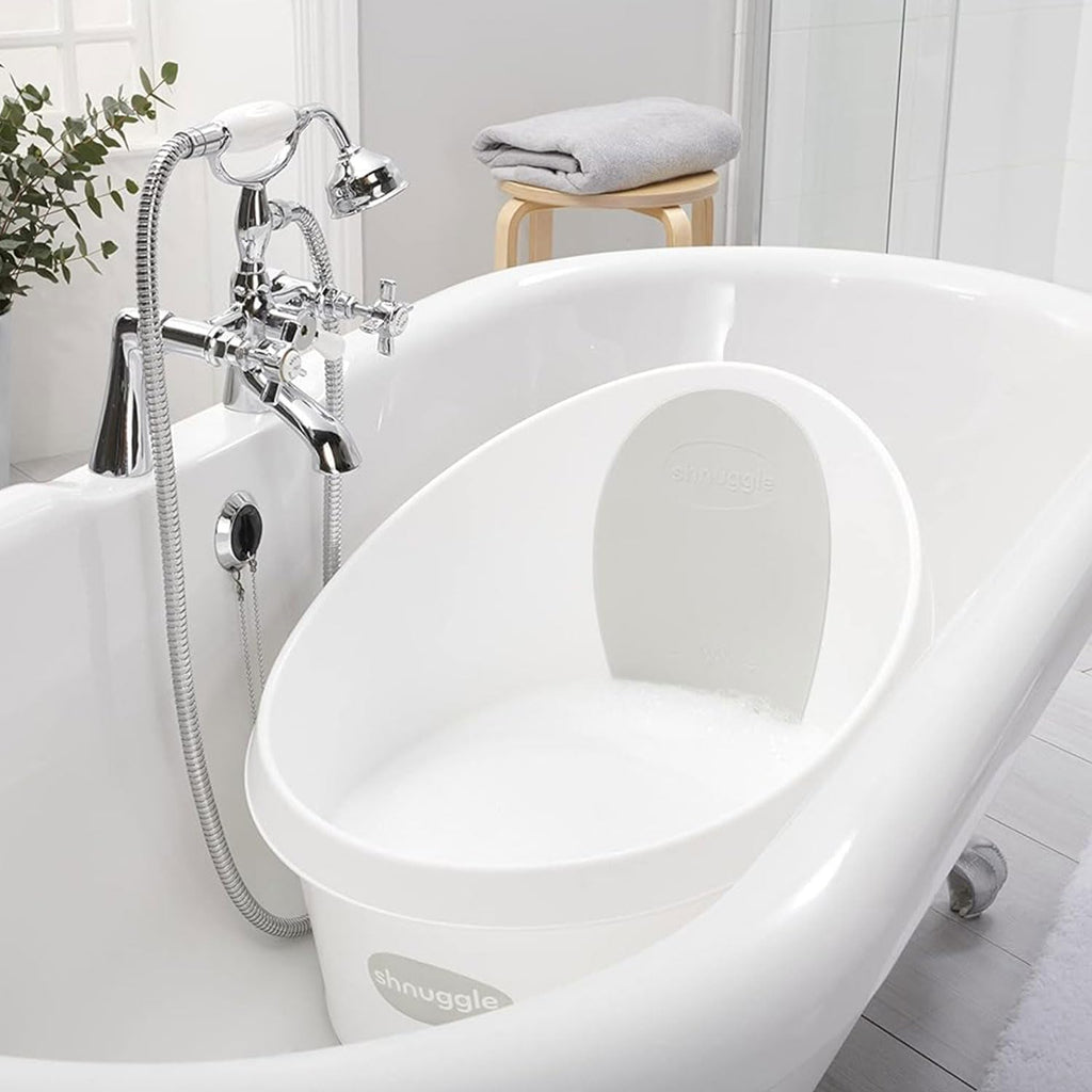 Toddler Bath Tub | Larger Bath for Bigger Kids at Bathtime | Includes Warm and Soft Foam backrest | Grippy Anti-Slip Surface | Includes Easy Drain Bath Plug | White & Grey