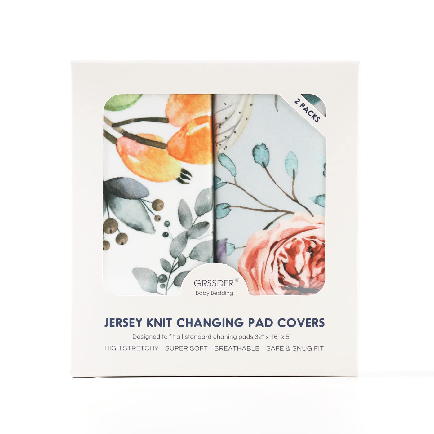 GRSSDER Stretch Ultra Soft Jersey Knit Changing Pad Cover Set 2 Pack, Change Table Pad Covers Fit 32"/34" x 16" Pads Safe and Snug, Stylish Watercolor Flowers and Fruits for Girls