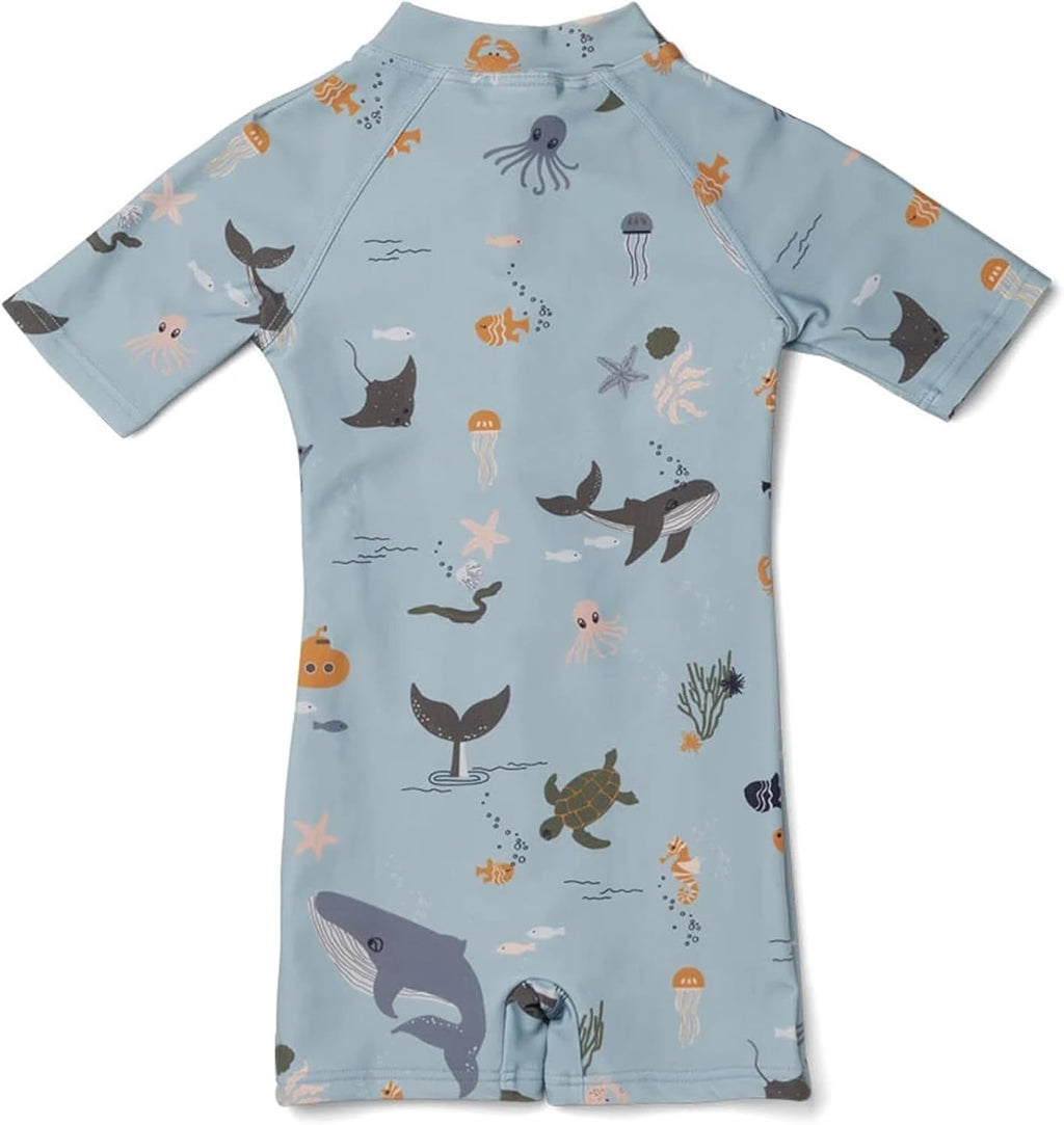 Boys One Piece Swimsuit Whale Dolphin Bathing Suit Zipper Rash Guard Kid Short Sleeve Swimwear Shark Beach Wear UPF50+