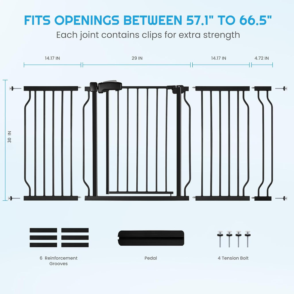 Extra Wide Baby Gate for Stairs Doorways with Door, 30" Tall 57.1-66.5" Wide Easy Install Dog Gate Indoor, Safety Metal Pressure Mounted Pet Gate with Walk-Thru Auto Close for the House, Black