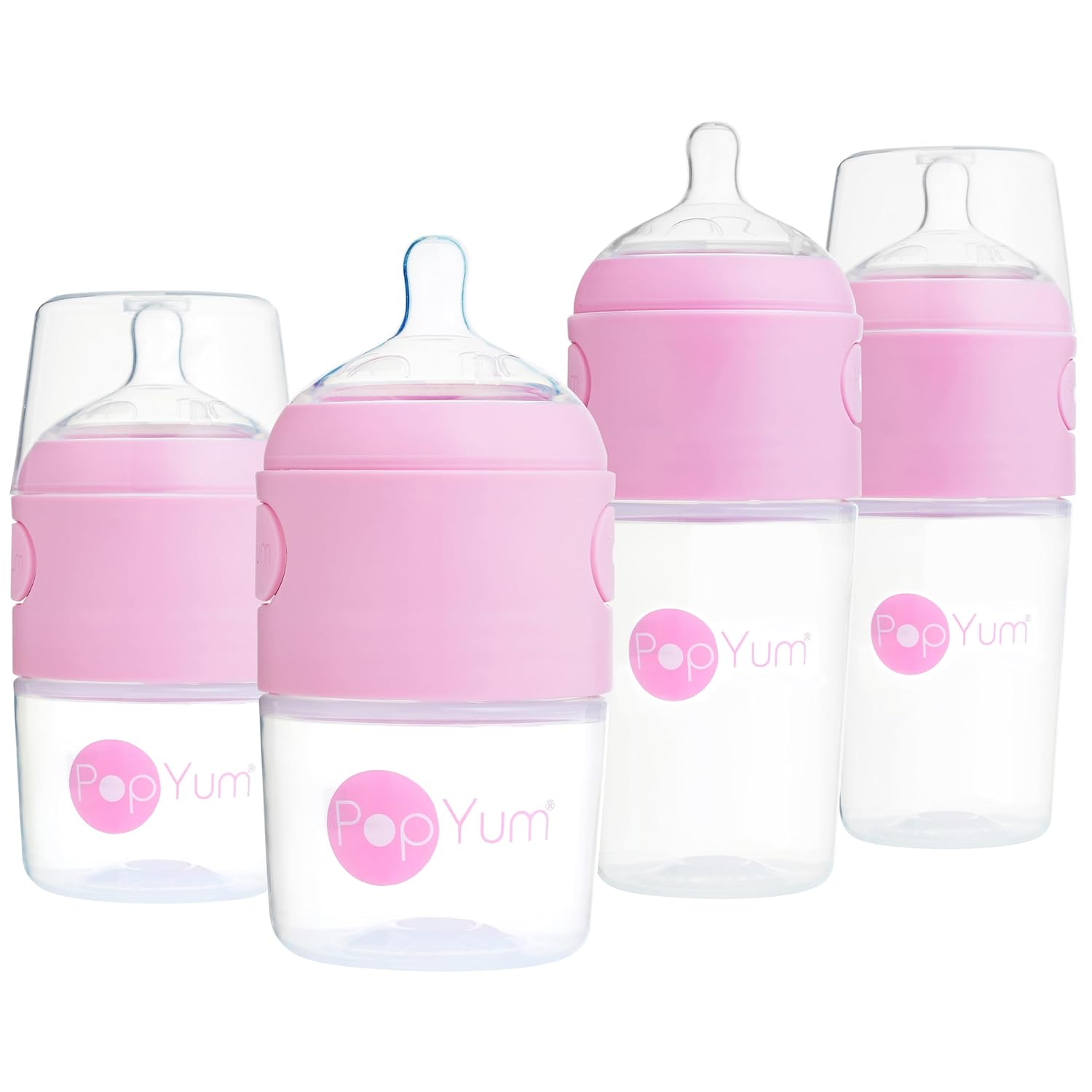 PopYum Pink Formula Making Baby Bottle Starter Set, 4-Pack, 2X 5oz Bottles with #1 Slow Flow Nipples + 2X 9oz Bottles with #2 Medium Flow Nipples, Mixing, Dispenser
