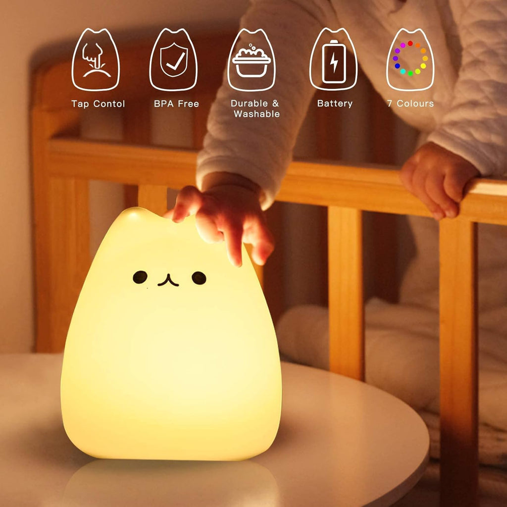 ZKLiLi Cat Night Light, Cute Nursery Lights USB Rechargeable Cat Lamp Nightlight Birthday Christmas Gift with Warm White and 7-Color Breathing Modes for Kids Baby Children (Remote Control)