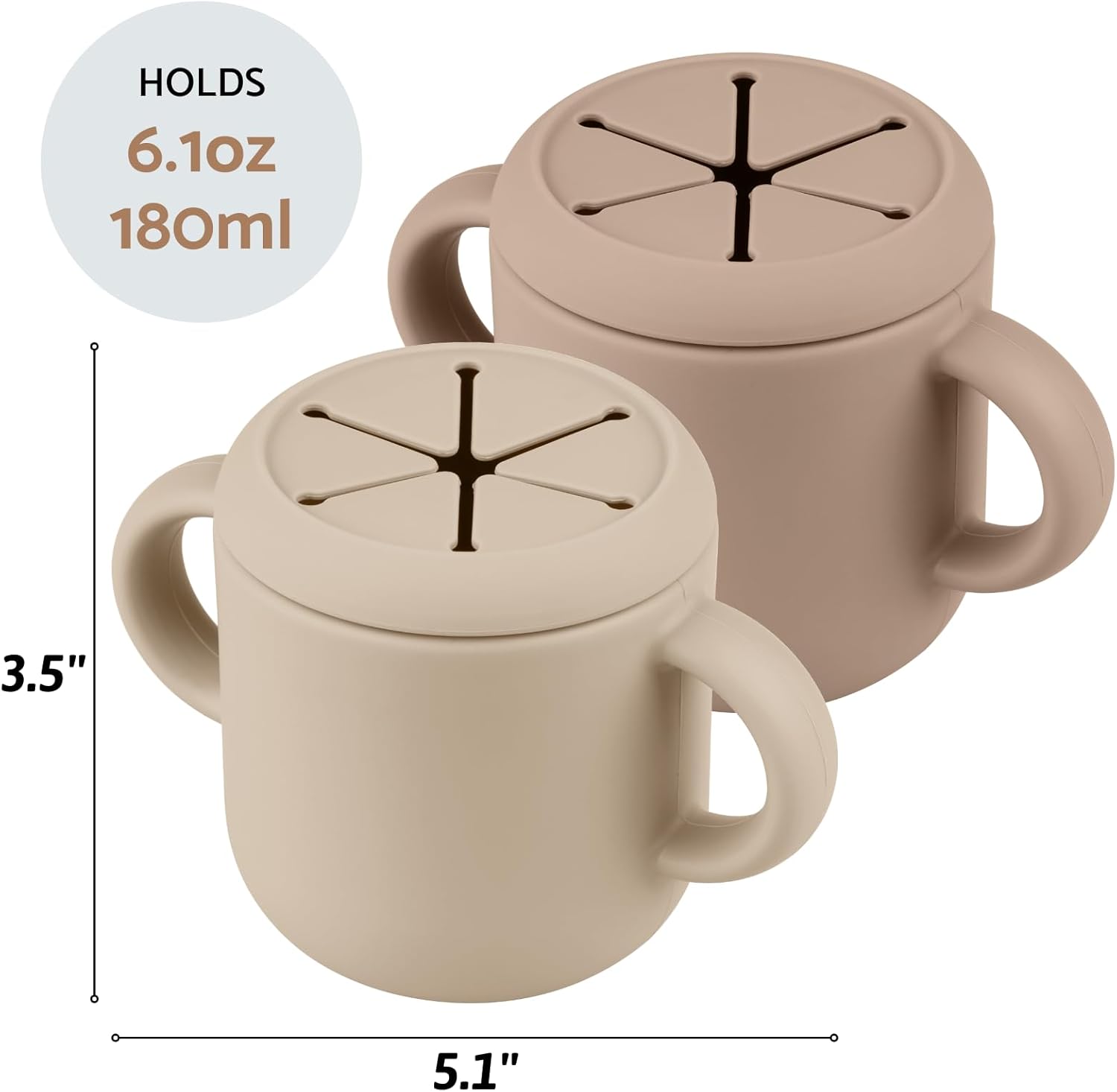 Snack Containers, Silicone Snack Cups for 6-12 Months Toddlers - Pack of 2 Food Grade Silicone Snack Cups with Grip Handle for Baby Led Weaning, Unbreakable (Sand/Natural)