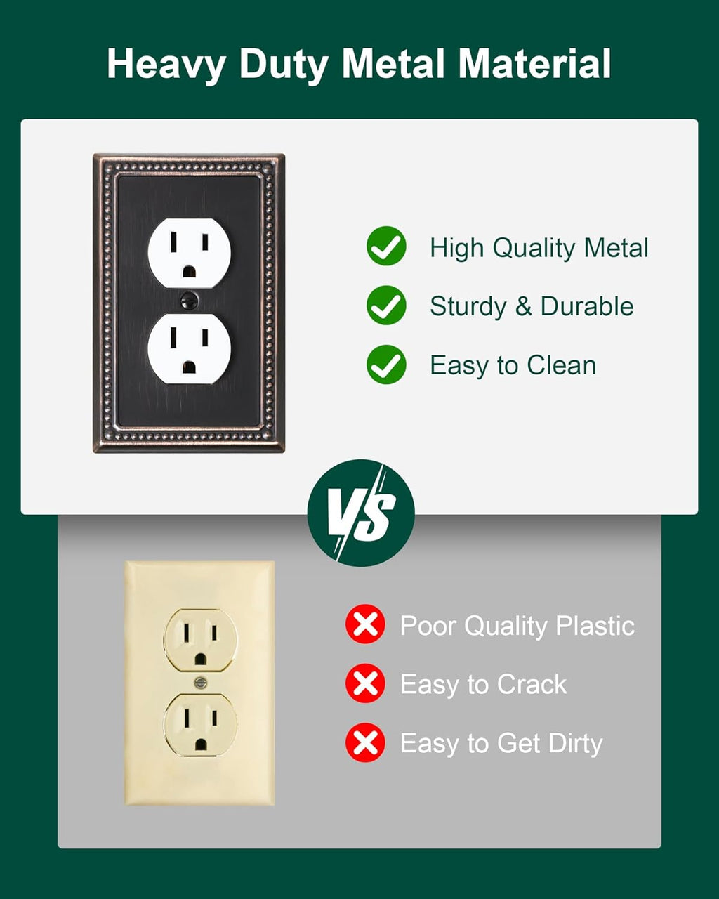 6-Pack Duplex Outlet Cover Plate, Aged Bronze Metal Wall Plates for Electrical Outlets, 1 Gang Receptacle Light Switch Cover, Pearls Decorative Switch Plates and Outlet Covers