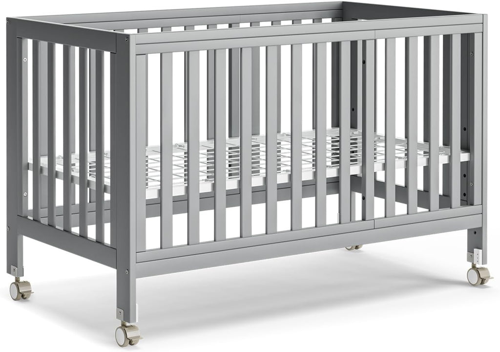 EvoNest Baby Crib, 11 in 1 Convertible Mini Crib with Wheels, 100% New Zealand Wood Growing Bed, 4 Adjustable Mattress Height,Grey