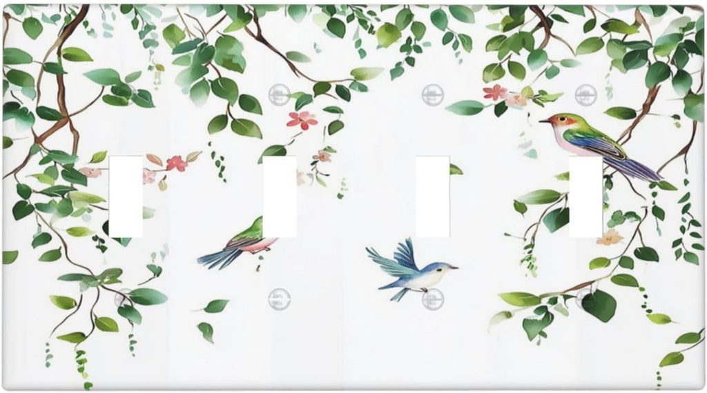 Light Switch Covers Green Leaves Bird Eucalyptus Sage Plant Quad Toggle Electrical Faceplate 4 Gang Wall Plate Decorative Switch Plates For Bed Room Living Room Decor