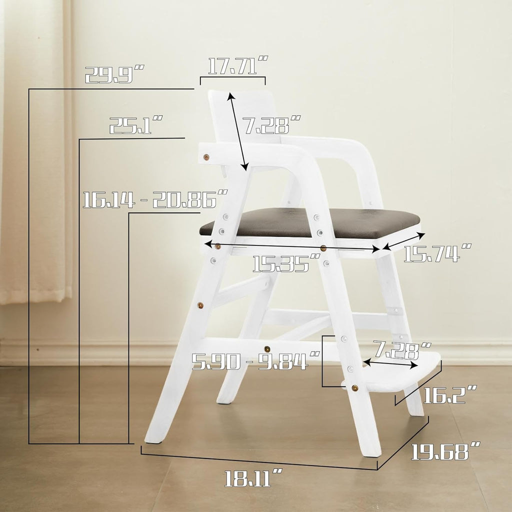 Solid Wood high Chairs for Toddlers,High Chair Grows with Kid for Dining, Study Chair for Children, White