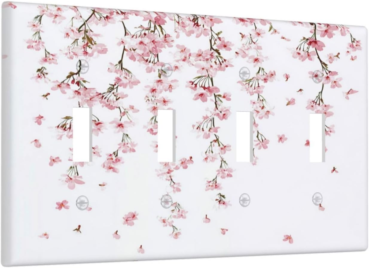 Light Switch Covers Sakura Plant Floral Pink Flowers Quad Toggle Electrical Faceplate 4 Gang Wall Plate Decorative Switch Plates For Bed Room Living Room Decor