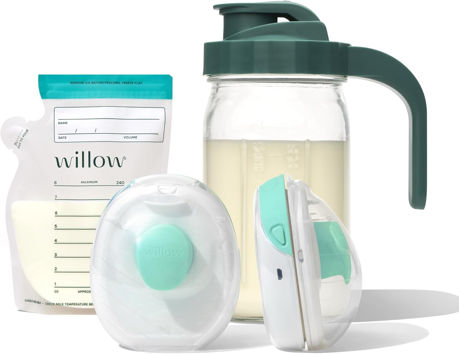 Willow - Go Double Hands Free Breast Pump w/Milk Bags and Glass Milk Pitcher Bundle