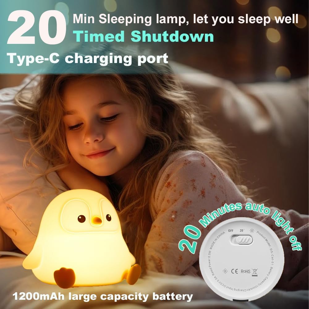 Cute Penguin Night Light for Kids Bedroom, Animal Silicone Nursery Night Lamp Touch Control Nightlights USB Rechargeable Bedside Lamp for Baby Children Toddlers Girls Gift
