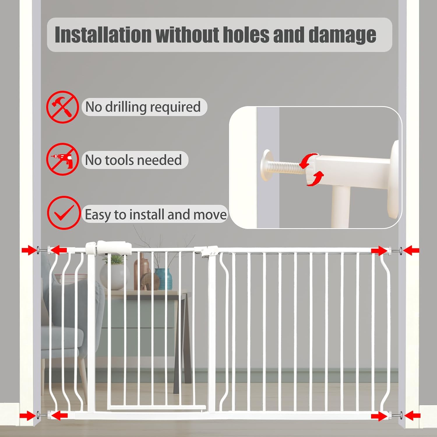 Extra Wide Baby Gate Tension Indoor Safety Gates White Metal Large Pressure Mounted Pet Walk Through Long Dog for The House Doorways Stairs (66.9 inches-71.6 inches, White) (Th-0001)