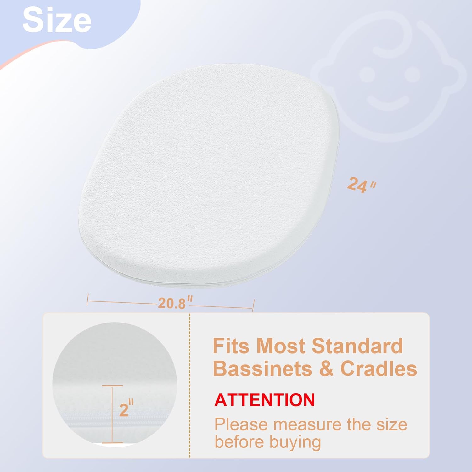 NeoBorn Baby Bassinet Mattress Pad, 24" x 20.8" Dual Sided Comfort Gel Memory Foam Mattress with Removable Breathable Soft Tencel Cover Fit for Graco Pack n Play Dome LX Bassinet, not playard