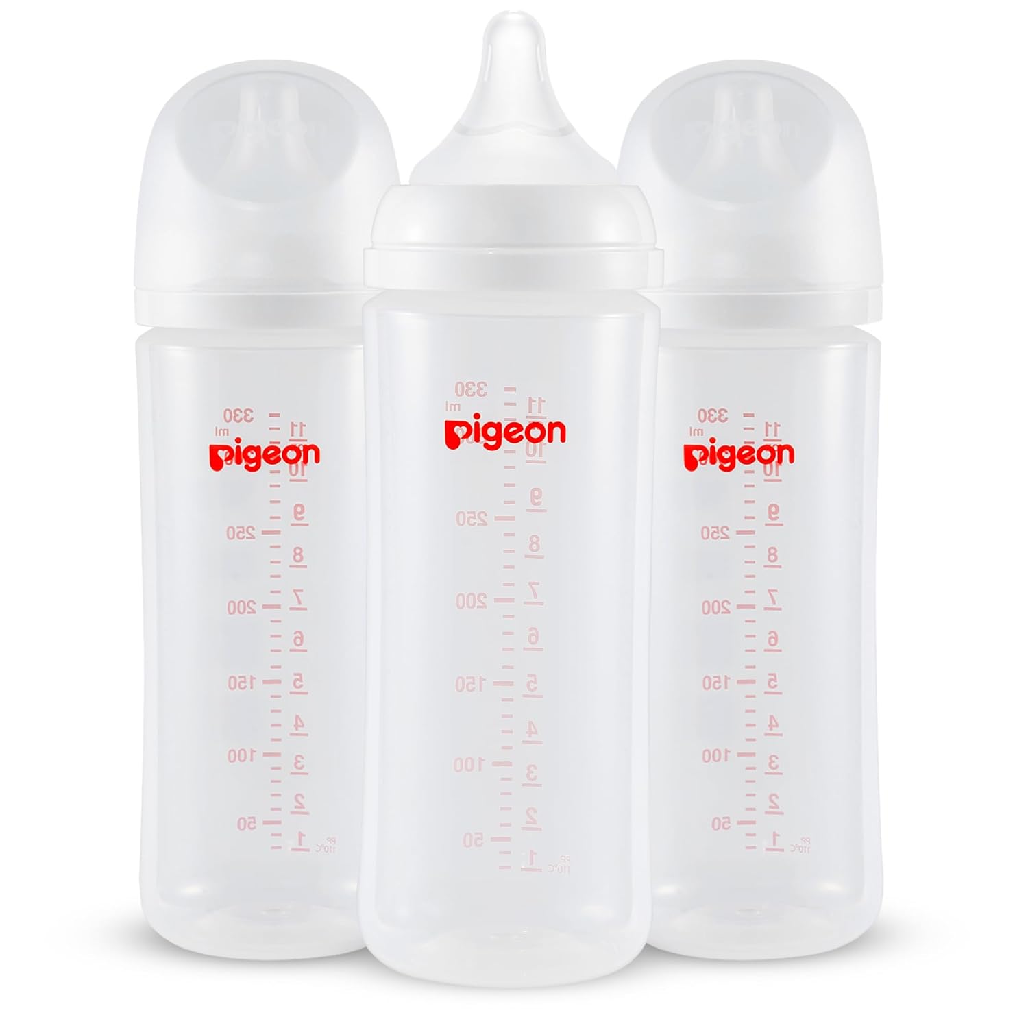 Pigeon PP Nursing Bottle Wide Neck, Anti-Colic, Streamlined Body, Natural Feel, Easy to Clean, 11.2 Oz (Pack of 3), Includes 3pcs L Nipples (6m+)