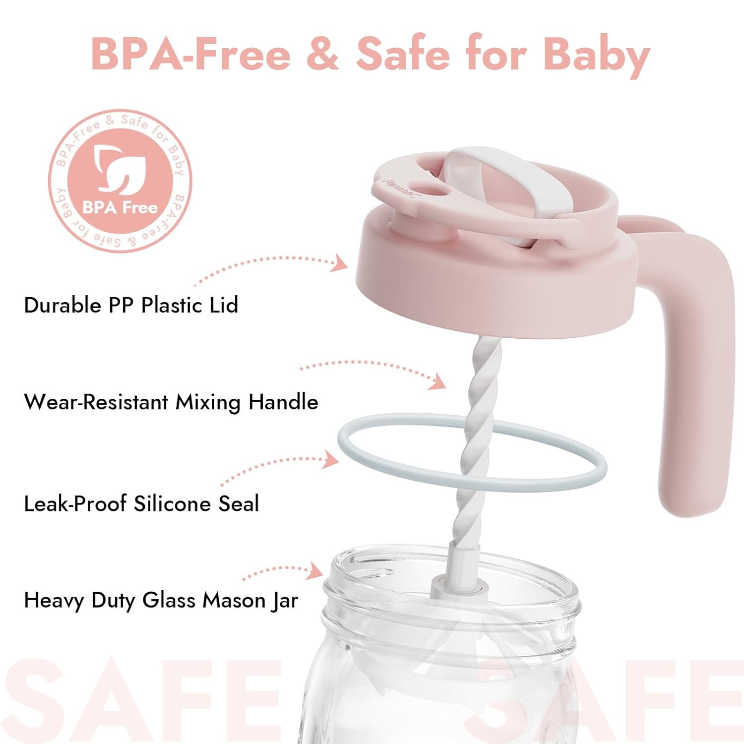 Papablic Glass Breastmilk Pitcher, Formula Mixing Pitcher with Mixing Handle Lid, Wide Mouth Mason Jar Mixer with Flip Locking Spout, Easy to Clean, BPA Free, Pink