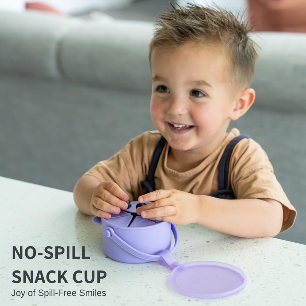 Silicone No Spill Snack Cups for Toddlers – Portable Baby Snack Cup Containers with Dustproof Lid – Dishwasher-Friendly Toddler Spill Proof Cups Without BPA, Lead, or Phthalates – Beige and Green