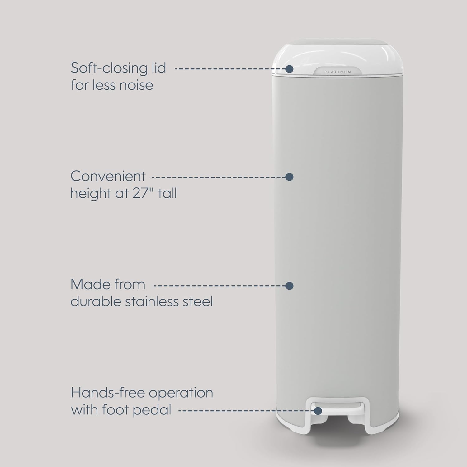 Diaper Genie Platinum Pail (Stone Grey) is Made in Durable Stainless Steel and Includes 1 Easy Roll Refill with 18 Bags That can Last up to 5 Months.